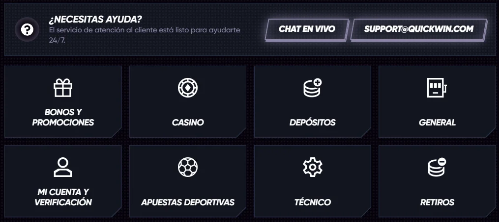 Ayuda y soporte de QuickWin Casino Centro de ayuda de QuickWin Casino con chat en vivo y categorías de soporte